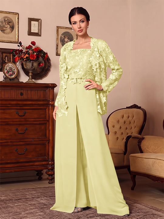 3 Pieces Square Collar Chiffon Mother of the Bride Pantsuits with Jacket Overskirt Lace Floor-Length Long Sleeves
