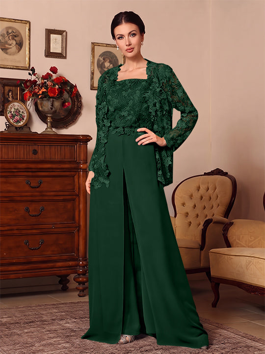 3 Pieces Square Collar Chiffon Mother of the Bride Pantsuits with Jacket Overskirt Lace Floor-Length Long Sleeves