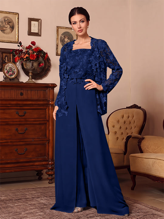 3 Pieces Square Collar Chiffon Mother of the Bride Pantsuits with Jacket Overskirt Lace Floor-Length Long Sleeves