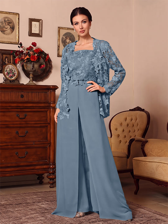 3 Pieces Square Collar Chiffon Mother of the Bride Pantsuits with Jacket Overskirt Lace Floor-Length Long Sleeves