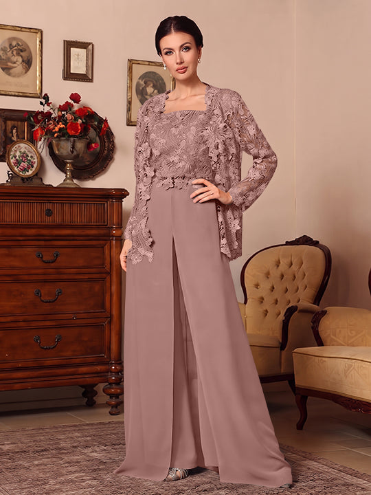 3 Pieces Square Collar Chiffon Mother of the Bride Pantsuits with Jacket Overskirt Lace Floor-Length Long Sleeves