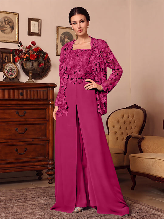 3 Pieces Square Collar Chiffon Mother of the Bride Pantsuits with Jacket Overskirt Lace Floor-Length Long Sleeves