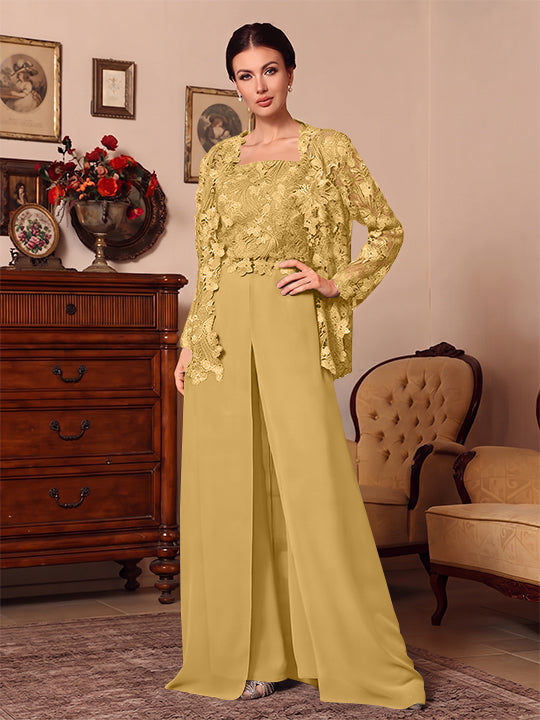 3 Pieces Square Collar Chiffon Mother of the Bride Pantsuits with Jacket Overskirt Lace Floor-Length Long Sleeves