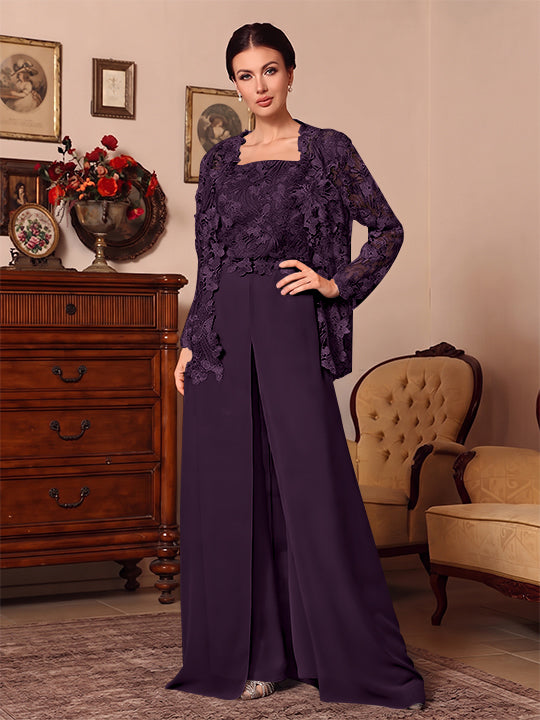 3 Pieces Square Collar Chiffon Mother of the Bride Pantsuits with Jacket Overskirt Lace Floor-Length Long Sleeves