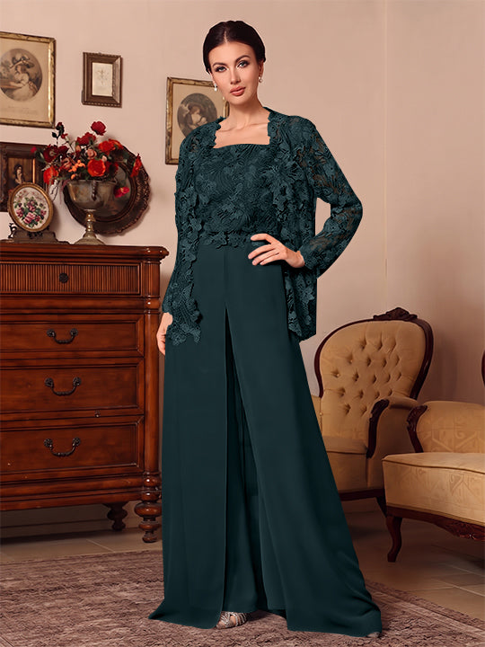 3 Pieces Square Collar Chiffon Mother of the Bride Pantsuits with Jacket Overskirt Lace Floor-Length Long Sleeves