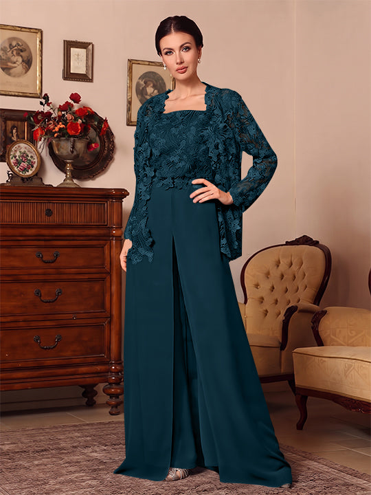 3 Pieces Square Collar Chiffon Mother of the Bride Pantsuits with Jacket Overskirt Lace Floor-Length Long Sleeves