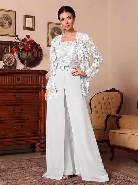 3 Pieces Square Collar Chiffon Mother of the Bride Pantsuits with Jacket Overskirt Lace Floor-Length Long Sleeves