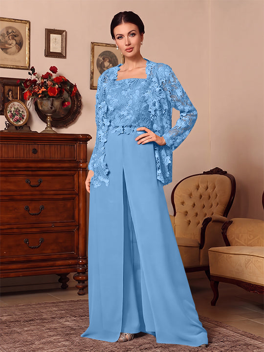 3 Pieces Square Collar Chiffon Mother of the Bride Pantsuits with Jacket Overskirt Lace Floor-Length Long Sleeves