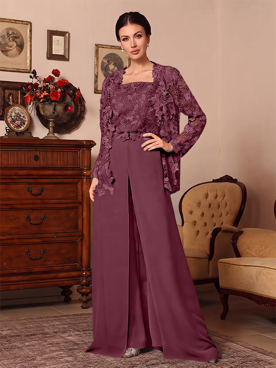 3 Pieces Square Collar Chiffon Mother of the Bride Pantsuits with Jacket Overskirt Lace Floor-Length Long Sleeves