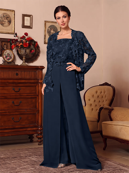 3 Pieces Square Collar Chiffon Mother of the Bride Pantsuits with Jacket Overskirt Lace Floor-Length Long Sleeves