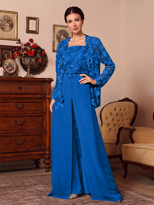 3 Pieces Square Collar Chiffon Mother of the Bride Pantsuits with Jacket Overskirt Lace Floor-Length Long Sleeves
