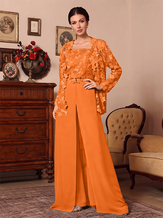 3 Pieces Square Collar Chiffon Mother of the Bride Pantsuits with Jacket Overskirt Lace Floor-Length Long Sleeves