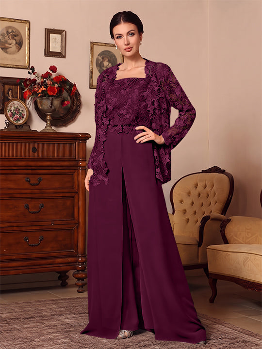 3 Pieces Square Collar Chiffon Mother of the Bride Pantsuits with Jacket Overskirt Lace Floor-Length Long Sleeves
