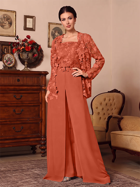 3 Pieces Square Collar Chiffon Mother of the Bride Pantsuits with Jacket Overskirt Lace Floor-Length Long Sleeves
