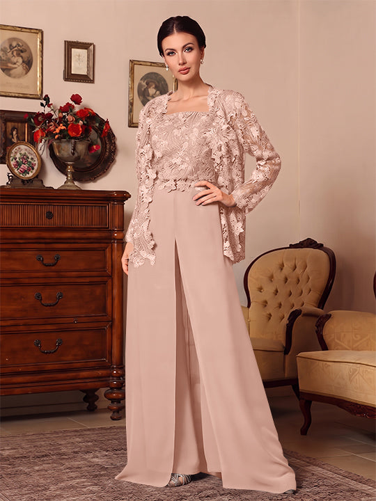 3 Pieces Square Collar Chiffon Mother of the Bride Pantsuits with Jacket Overskirt Lace Floor-Length Long Sleeves