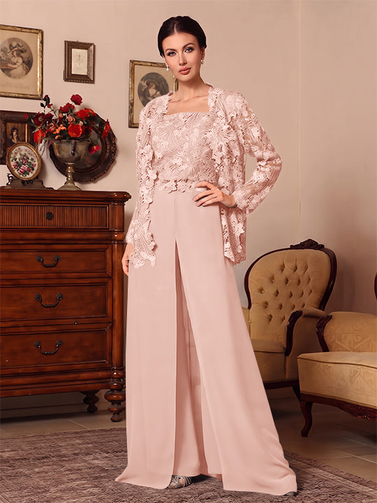3 Pieces Square Collar Chiffon Mother of the Bride Pantsuits with Jacket Overskirt Lace Floor-Length Long Sleeves