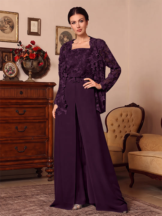 3 Pieces Square Collar Chiffon Mother of the Bride Pantsuits with Jacket Overskirt Lace Floor-Length Long Sleeves