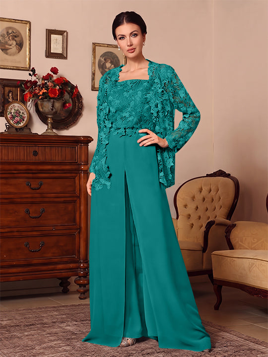 3 Pieces Square Collar Chiffon Mother of the Bride Pantsuits with Jacket Overskirt Lace Floor-Length Long Sleeves