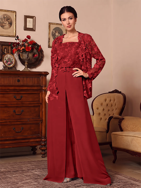 3 Pieces Square Collar Chiffon Mother of the Bride Pantsuits with Jacket Overskirt Lace Floor-Length Long Sleeves
