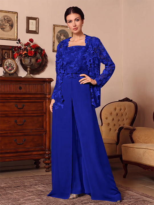 3 Pieces Square Collar Chiffon Mother of the Bride Pantsuits with Jacket Overskirt Lace Floor-Length Long Sleeves