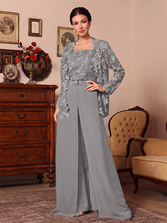3 Pieces Square Collar Chiffon Mother of the Bride Pantsuits with Jacket Overskirt Lace Floor-Length Long Sleeves