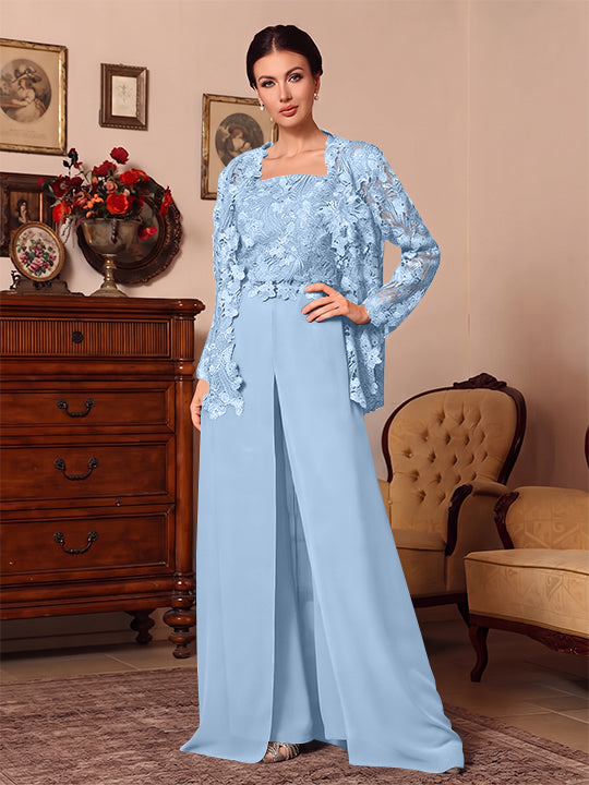 3 Pieces Square Collar Chiffon Mother of the Bride Pantsuits with Jacket Overskirt Lace Floor-Length Long Sleeves