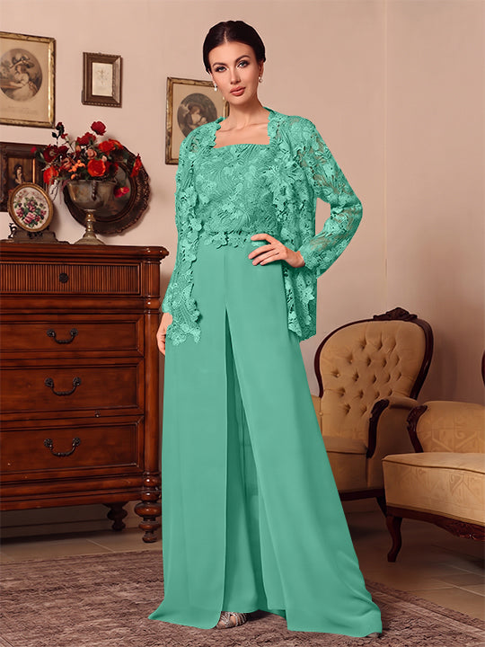 3 Pieces Square Collar Chiffon Mother of the Bride Pantsuits with Jacket Overskirt Lace Floor-Length Long Sleeves