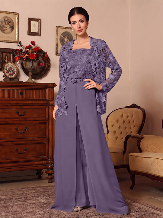 3 Pieces Square Collar Chiffon Mother of the Bride Pantsuits with Jacket Overskirt Lace Floor-Length Long Sleeves
