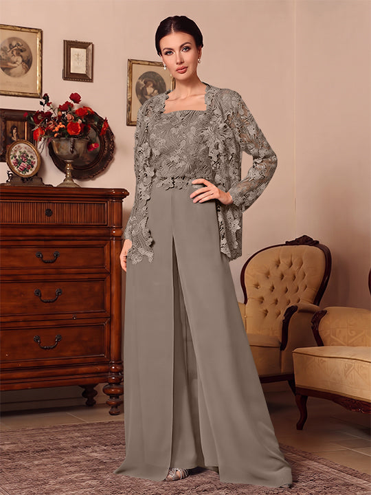 3 Pieces Square Collar Chiffon Mother of the Bride Pantsuits with Jacket Overskirt Lace Floor-Length Long Sleeves