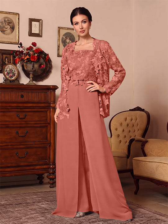 3 Pieces Square Collar Chiffon Mother of the Bride Pantsuits with Jacket Overskirt Lace Floor-Length Long Sleeves
