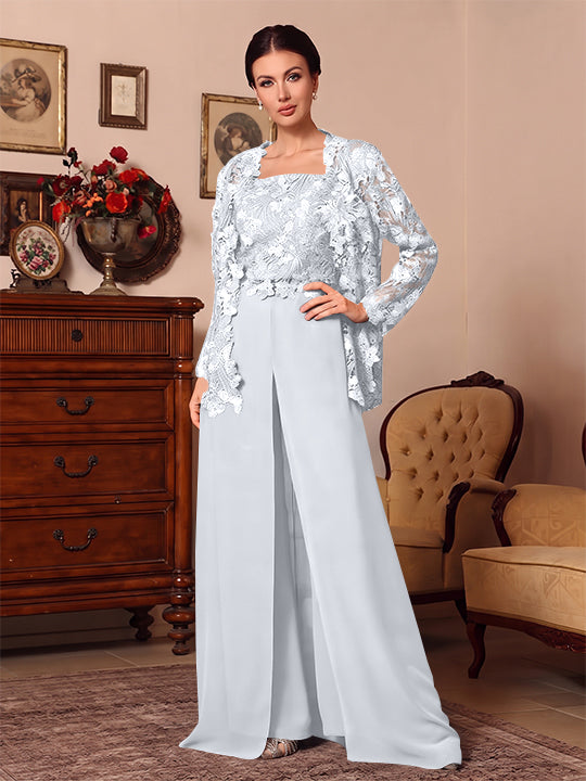3 Pieces Square Collar Chiffon Mother of the Bride Pantsuits with Jacket Overskirt Lace Floor-Length Long Sleeves