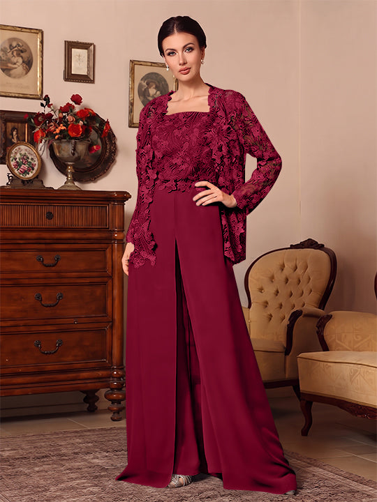 3 Pieces Square Collar Chiffon Mother of the Bride Pantsuits with Jacket Overskirt Lace Floor-Length Long Sleeves