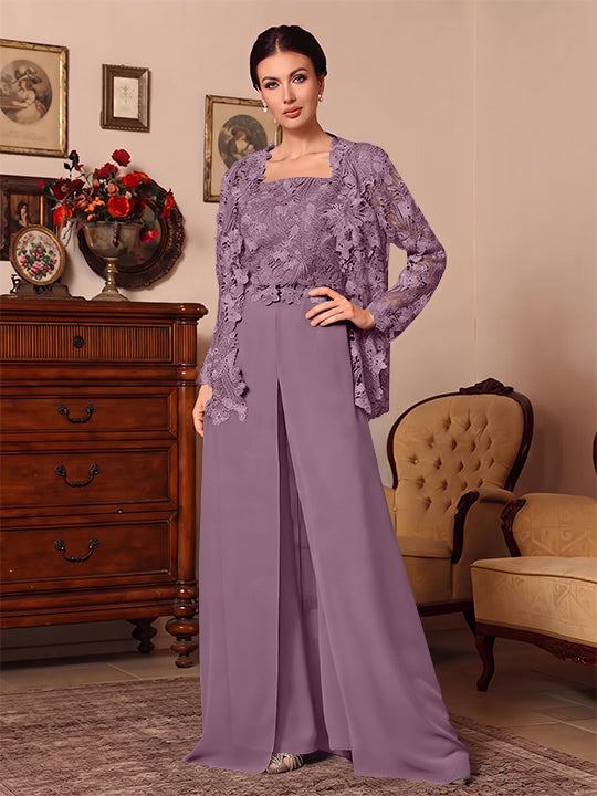 3 Pieces Square Collar Chiffon Mother of the Bride Pantsuits with Jacket Overskirt Lace Floor-Length Long Sleeves