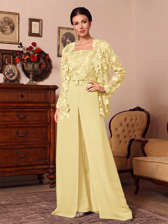 3 Pieces Square Collar Chiffon Mother of the Bride Pantsuits with Jacket Overskirt Lace Floor-Length Long Sleeves