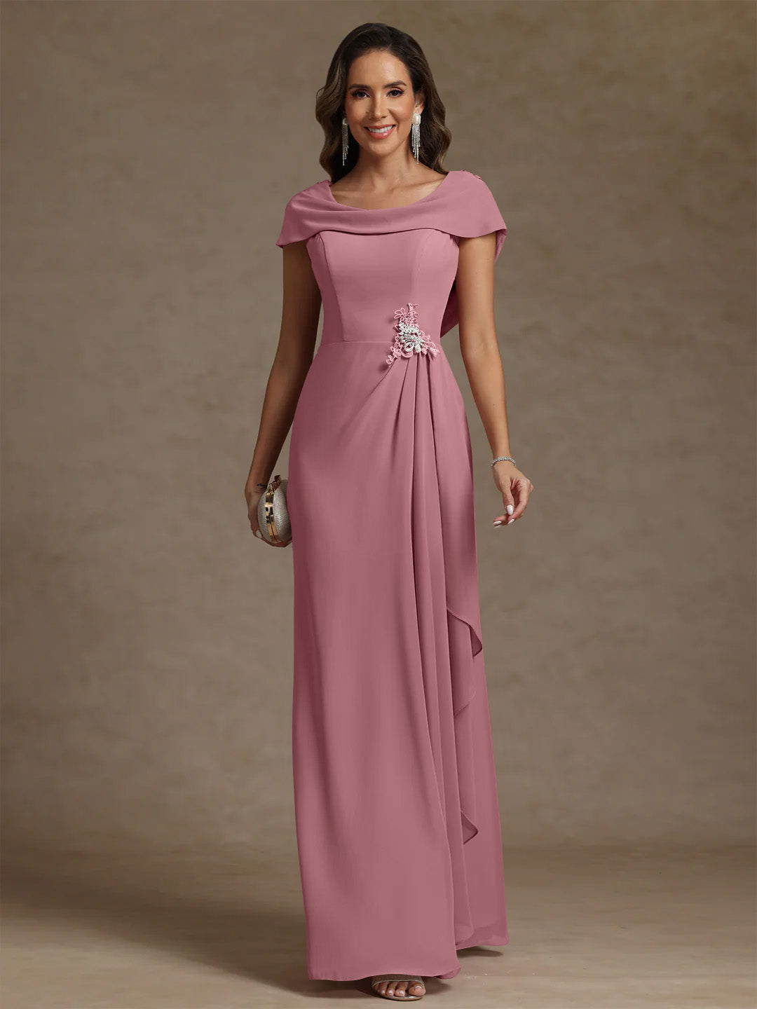 Sheath/Column Cowl Neck Chiffon Mother of the Bride Dresses Rhinestone Floor-Length Ruffles Sleeveless