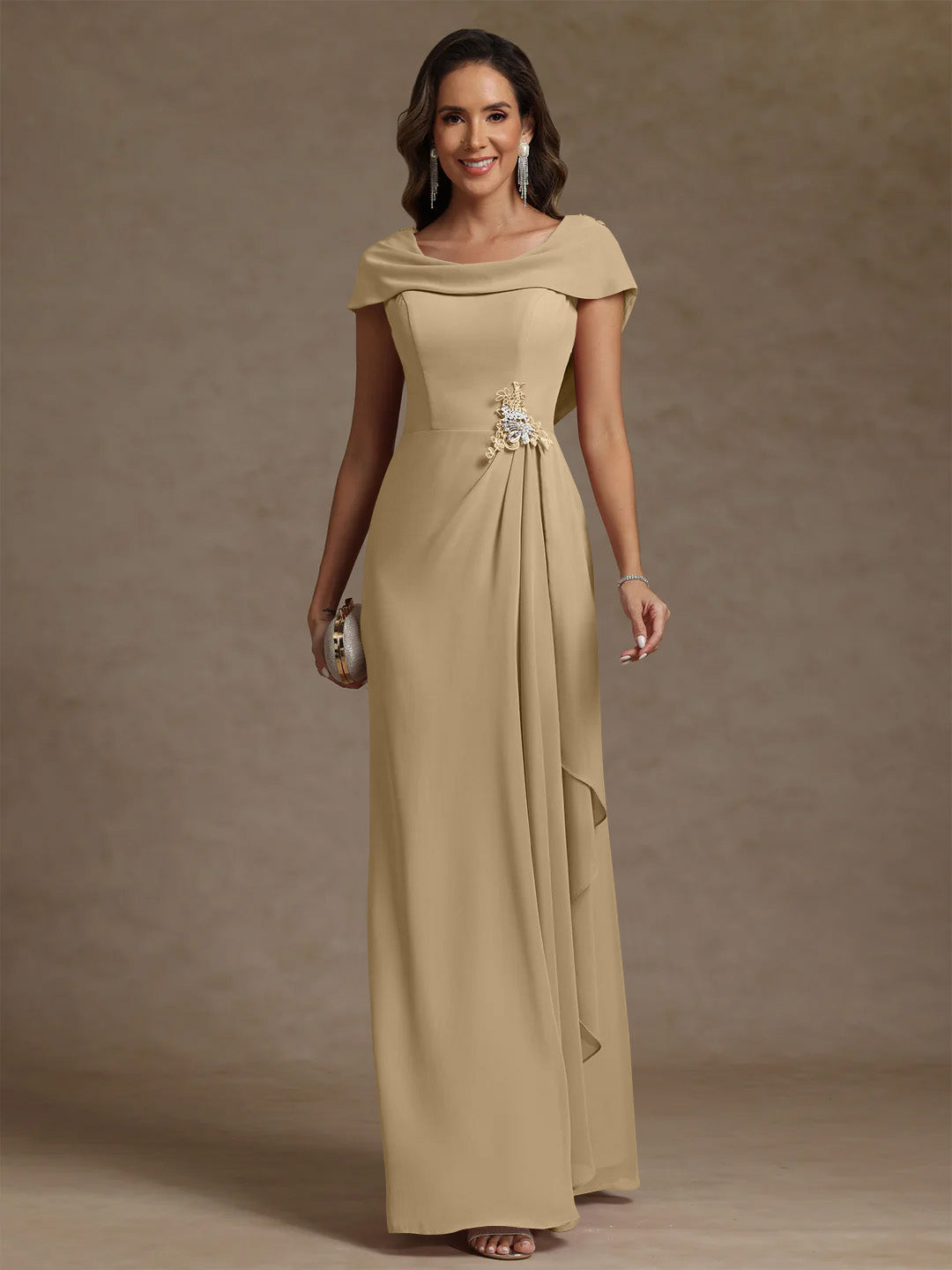 Sheath/Column Cowl Neck Chiffon Mother of the Bride Dresses Rhinestone Floor-Length Ruffles Sleeveless
