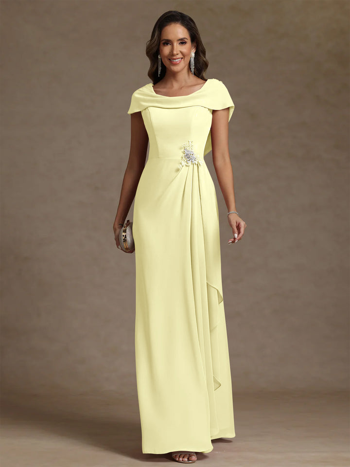 Sheath/Column Cowl Neck Chiffon Mother of the Bride Dresses Rhinestone Floor-Length Ruffles Sleeveless