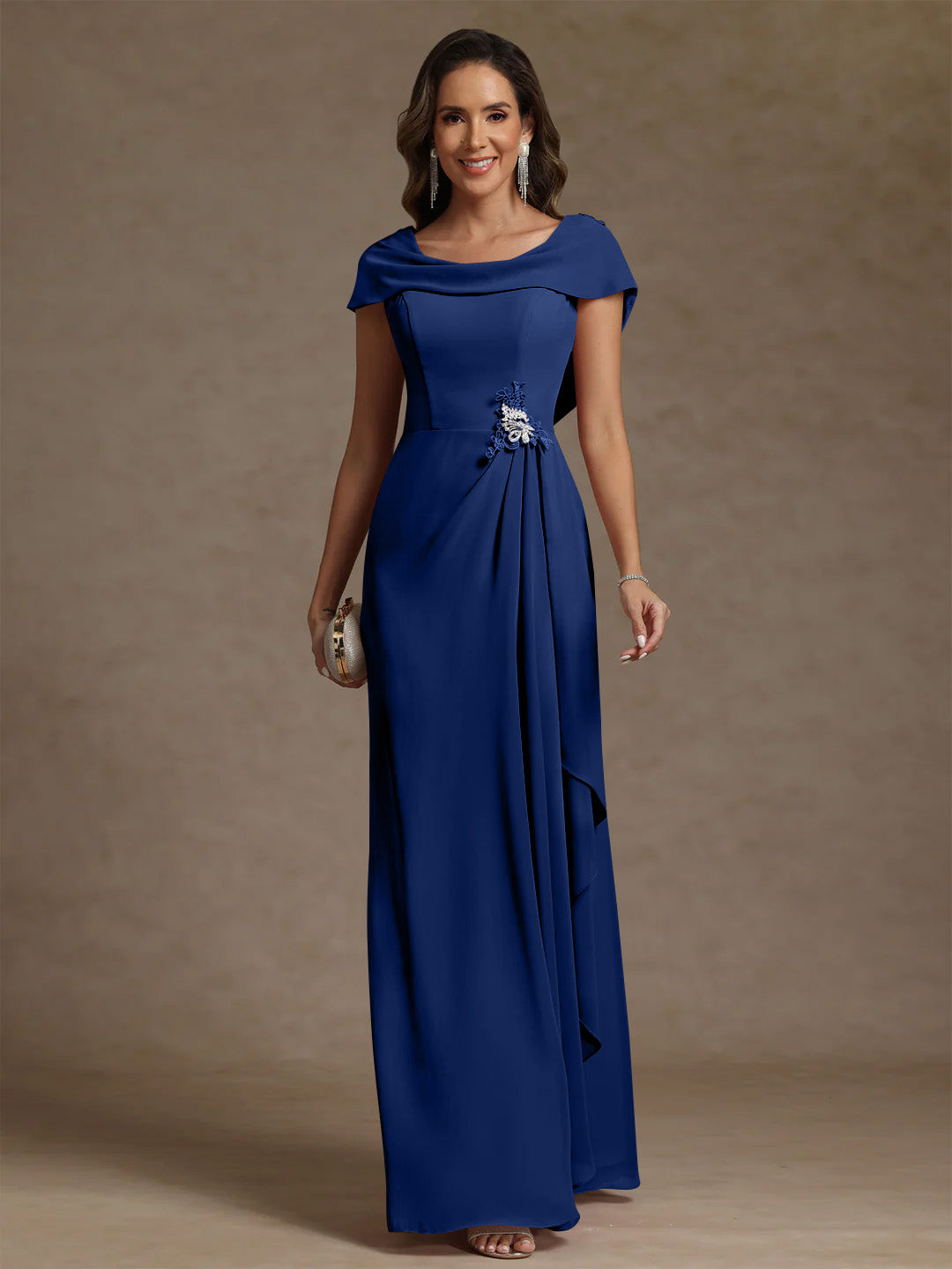 Sheath/Column Cowl Neck Chiffon Mother of the Bride Dresses Rhinestone Floor-Length Ruffles Sleeveless