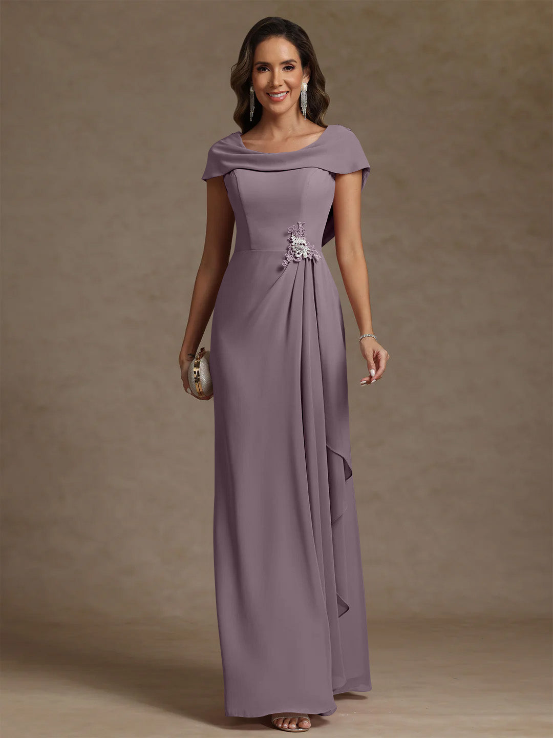 Sheath/Column Cowl Neck Chiffon Mother of the Bride Dresses Rhinestone Floor-Length Ruffles Sleeveless