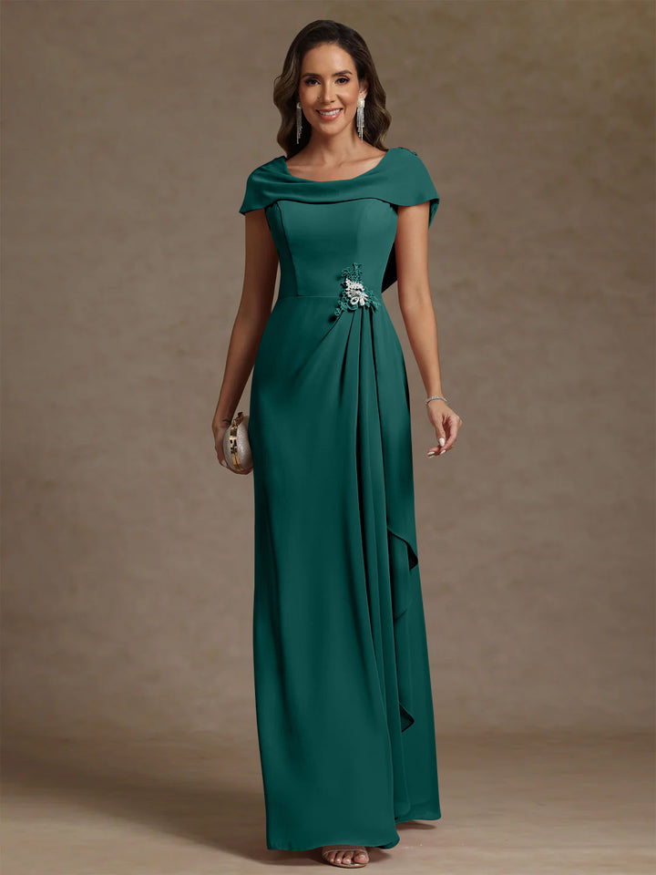 Sheath/Column Cowl Neck Chiffon Mother of the Bride Dresses Rhinestone Floor-Length Ruffles Sleeveless