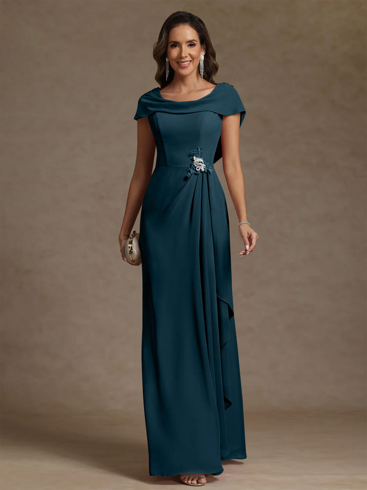 Sheath/Column Cowl Neck Chiffon Mother of the Bride Dresses Rhinestone Floor-Length Ruffles Sleeveless
