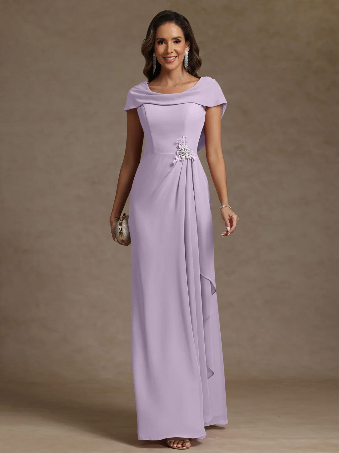 Sheath/Column Cowl Neck Chiffon Mother of the Bride Dresses Rhinestone Floor-Length Ruffles Sleeveless