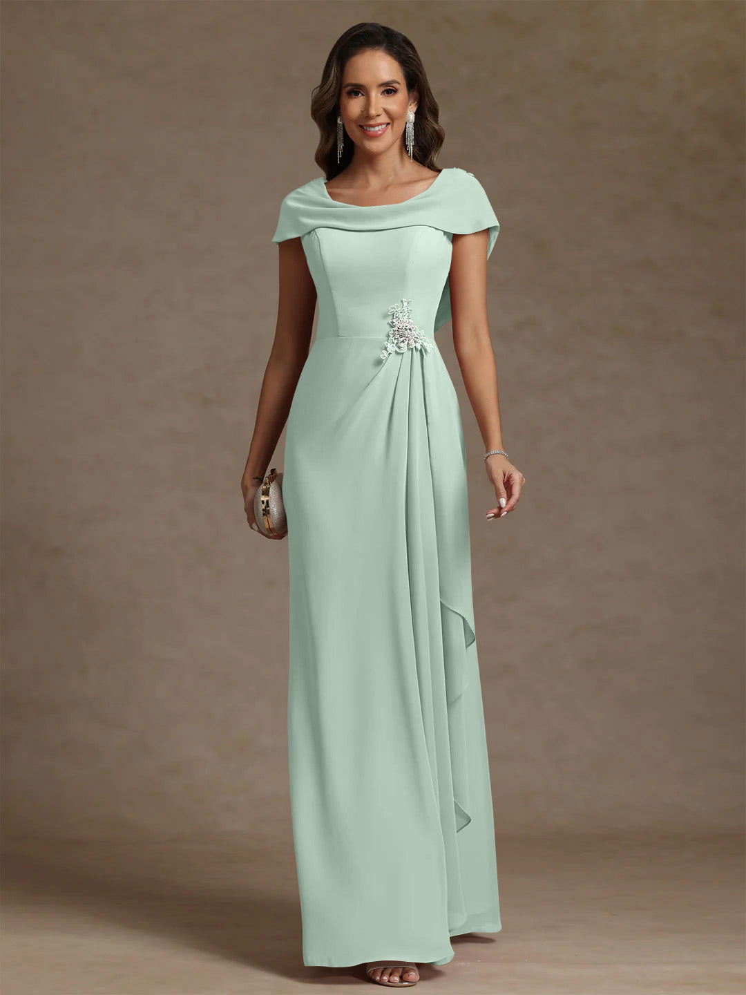 Sheath/Column Cowl Neck Chiffon Mother of the Bride Dresses Rhinestone Floor-Length Ruffles Sleeveless