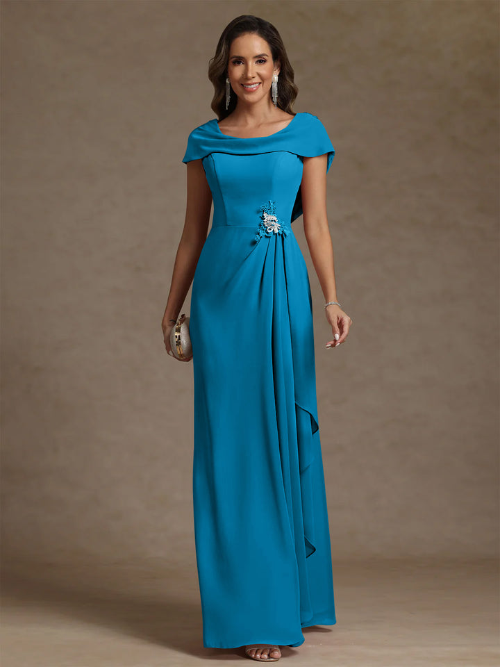 Sheath/Column Cowl Neck Chiffon Mother of the Bride Dresses Rhinestone Floor-Length Ruffles Sleeveless