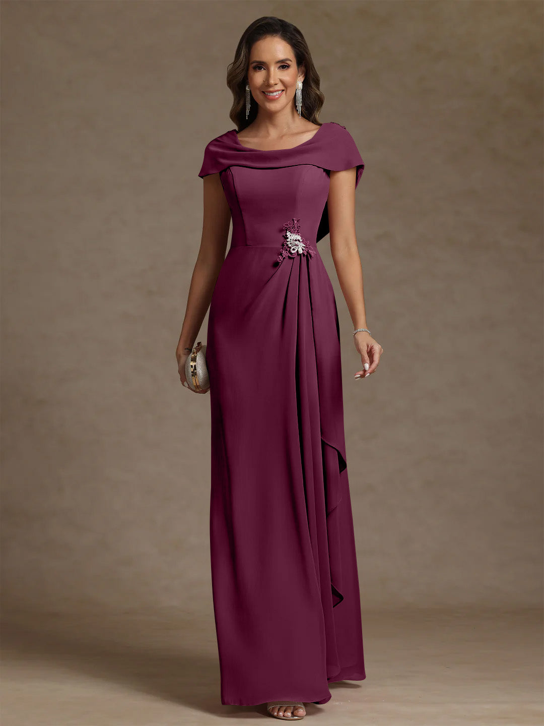Sheath/Column Cowl Neck Chiffon Mother of the Bride Dresses Rhinestone Floor-Length Ruffles Sleeveless