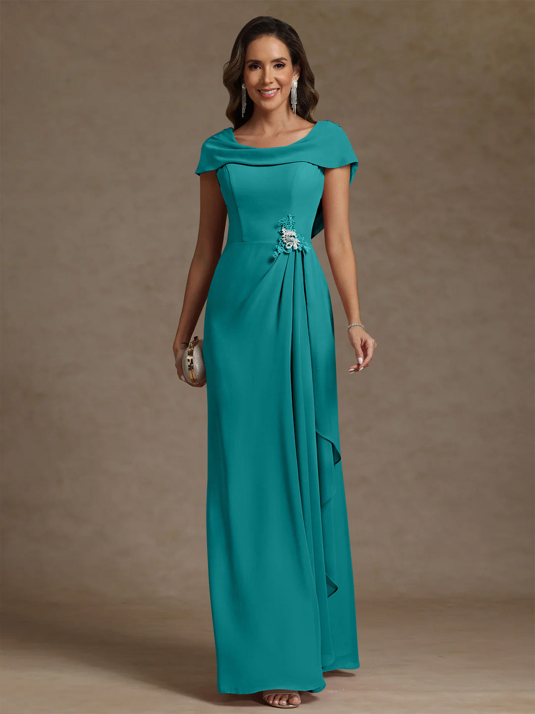 Sheath/Column Cowl Neck Chiffon Mother of the Bride Dresses Rhinestone Floor-Length Ruffles Sleeveless
