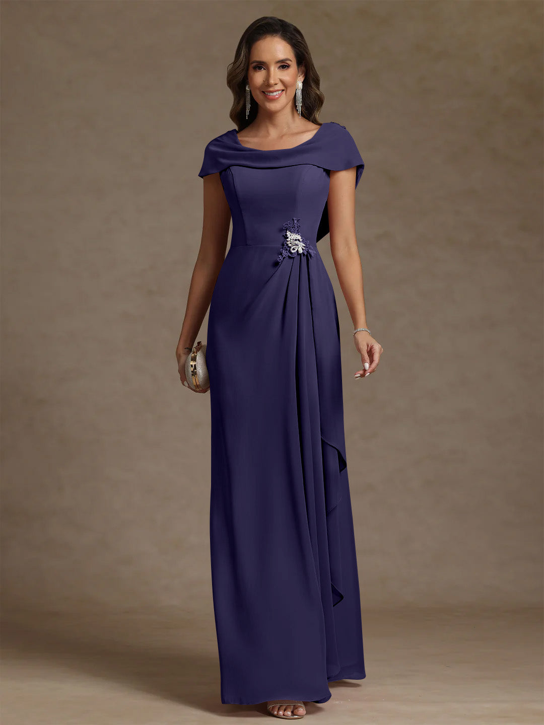 Sheath/Column Cowl Neck Chiffon Mother of the Bride Dresses Rhinestone Floor-Length Ruffles Sleeveless