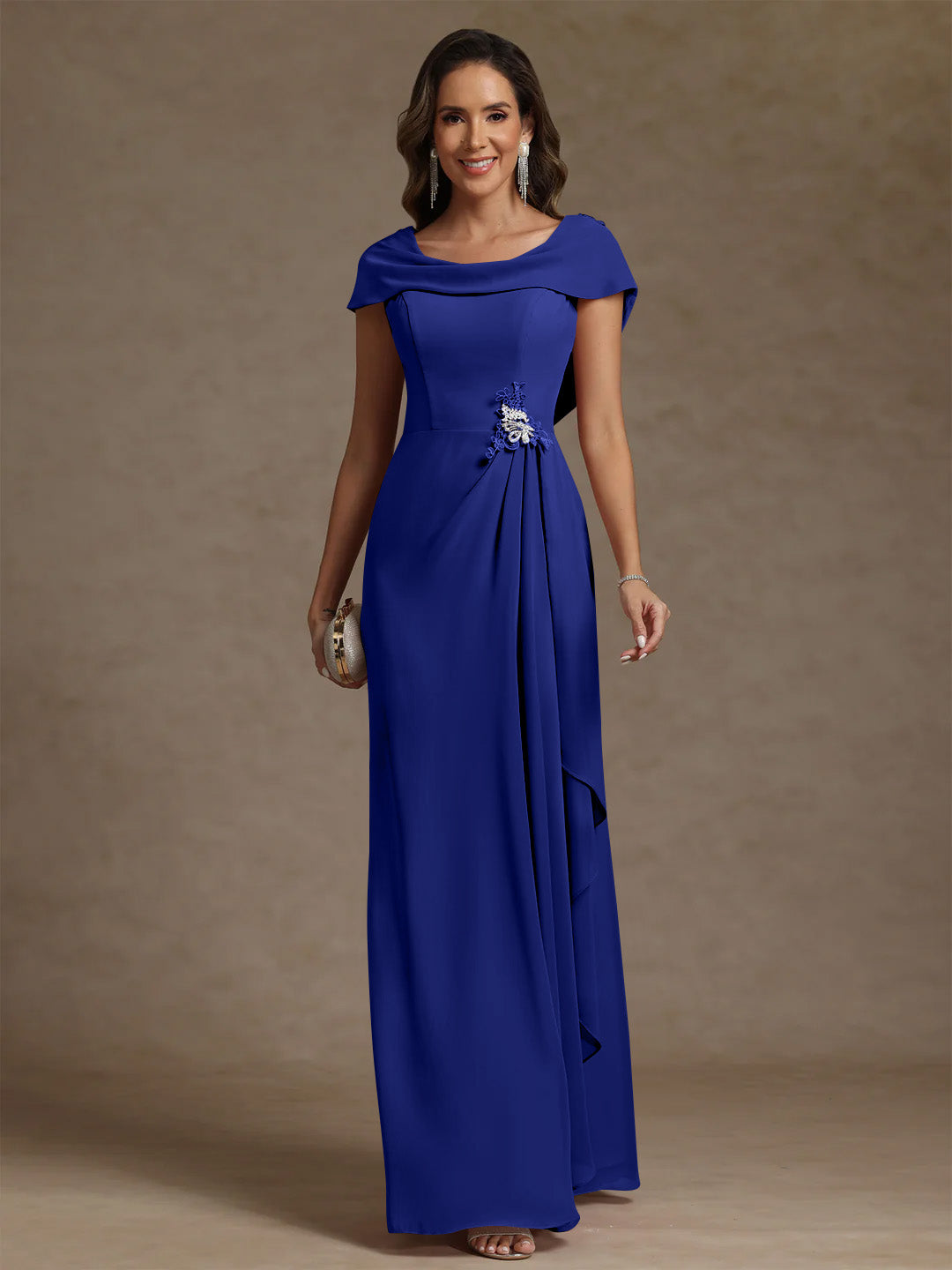 Sheath/Column Cowl Neck Chiffon Mother of the Bride Dresses Rhinestone Floor-Length Ruffles Sleeveless