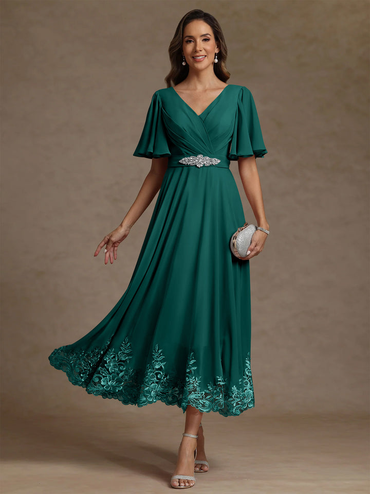 A-Line/Princess V Neck Mother of the Bride Dresses Short Sleeves Chiffon Lace Tea Length with Sash