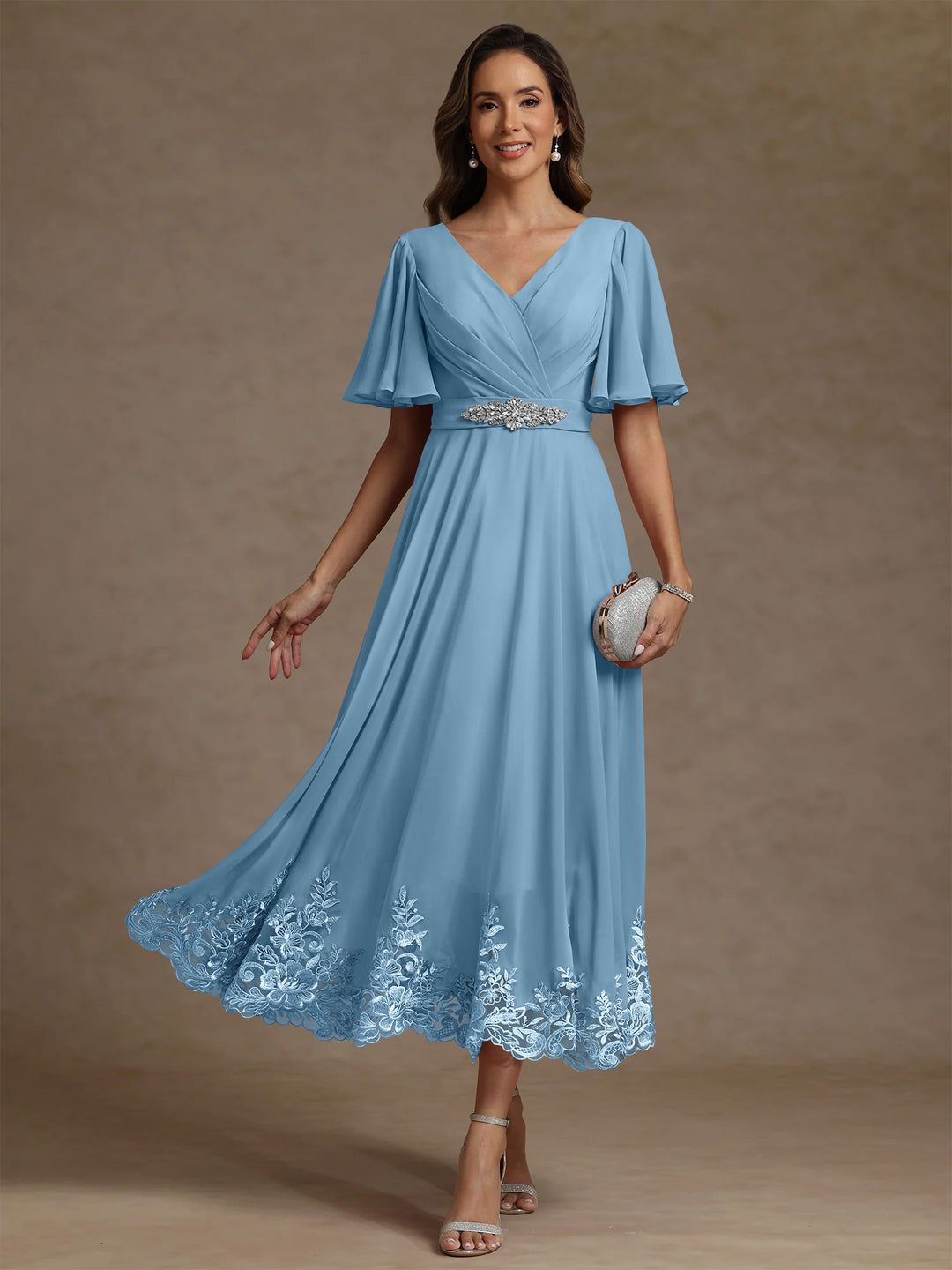A-Line/Princess V Neck Mother of the Bride Dresses Short Sleeves Chiff